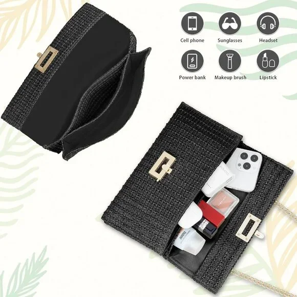 Black Woven Raffia Beach Clutch Crossbody Bag with Chain Strap for Women - Picture 5 of 7